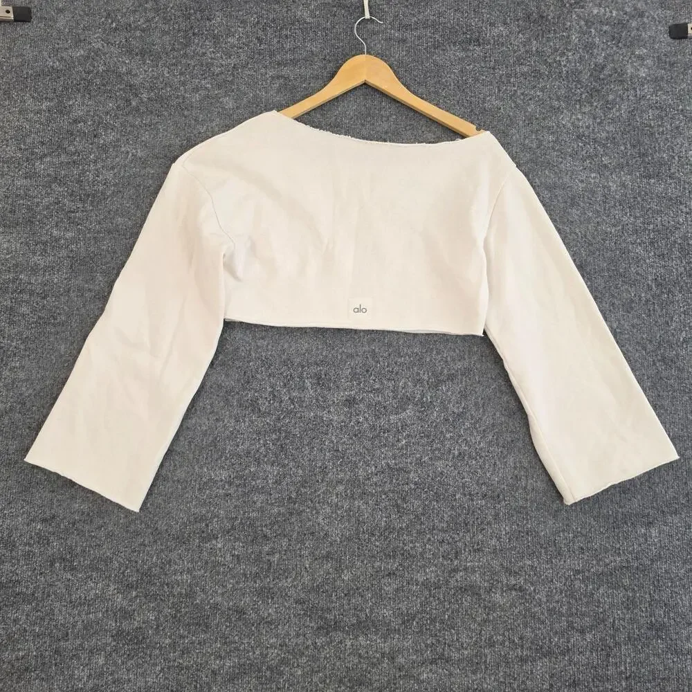 Alo Yoga Sweatshirt Women Medium Cropped Barre Shoulder Coverup in Ivory Relaxed